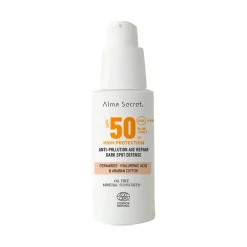 Alma Secret Solar facial natural SPF 50 con color, ceramidas, antimanchas y oil-free